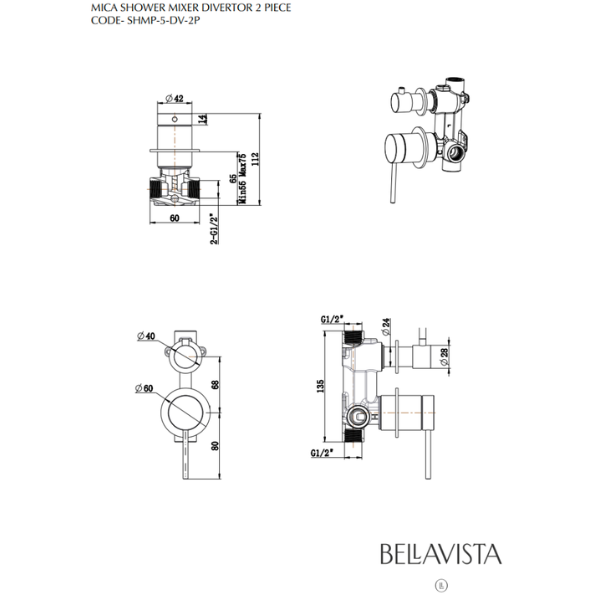 Mica Shower Mixer with Diverter – 2P | French Gold