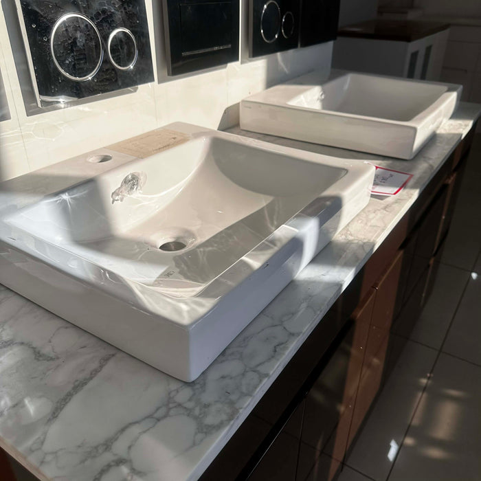 Chocolate Double Vanity With White Stone Top-Mount