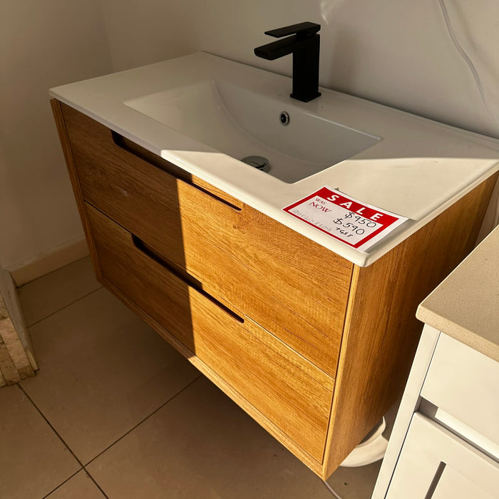 900mm Natural Oak Vanity With White Under-Mount
