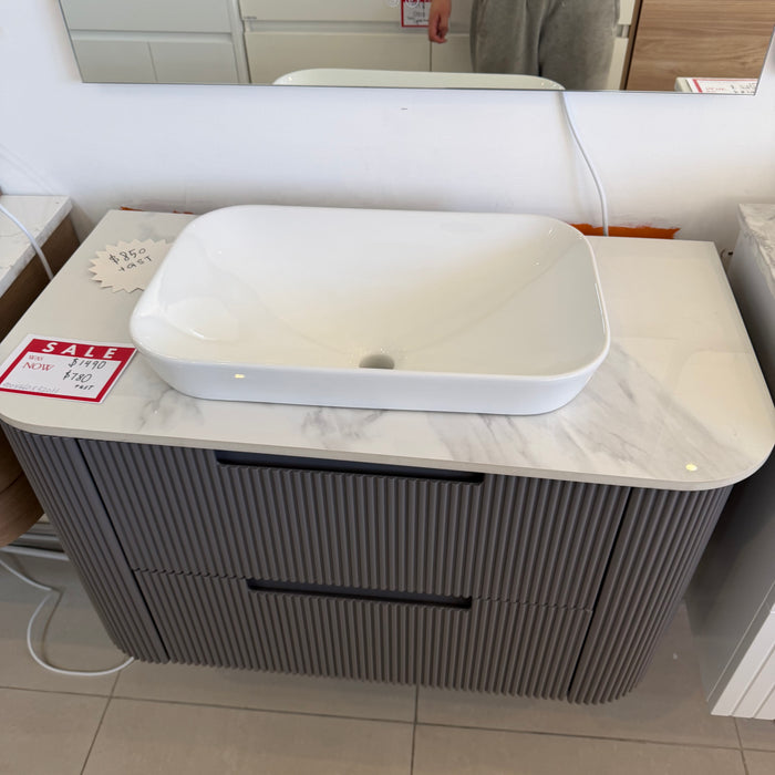 Charcoal Grey Fluted Curved Wall Hung Vanity with Stone Top and Semi-insert Basin