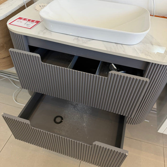 Charcoal Grey Fluted Curved Wall Hung Vanity with Stone Top and Semi-insert Basin