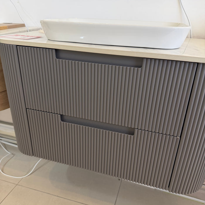 Charcoal Grey Fluted Curved Wall Hung Vanity with Stone Top and Semi-insert Basin