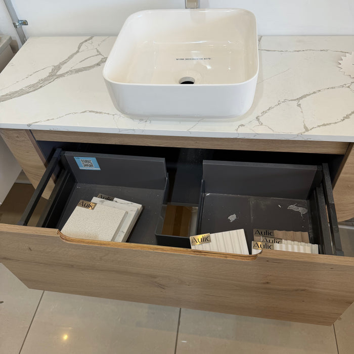 Wood Look Wall Hung Vanity with Stone top and Ceramic Basin