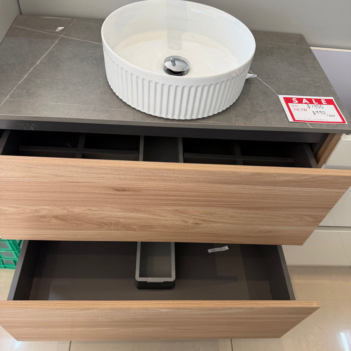 Wood Design Vanity with Grey Marble Look Top and Basin