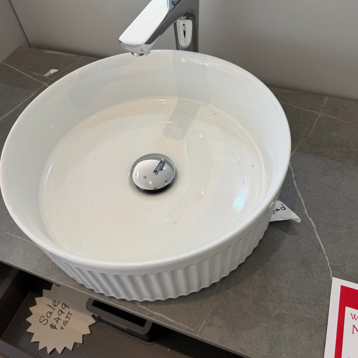 Wood Design Vanity with Grey Marble Look Top and Basin