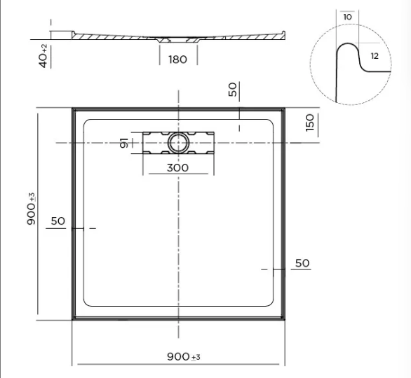 Elite Rear Outlet Shower Base 900 x 900mm