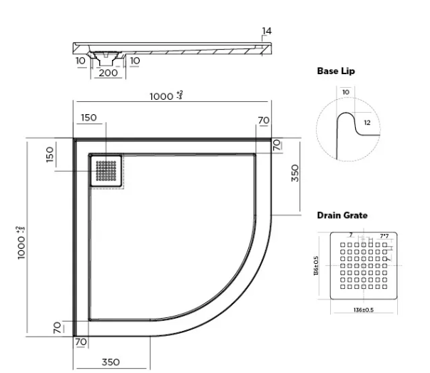 ECO Curved Corner Rear Outlet Shower Base 1000 x 1000mm